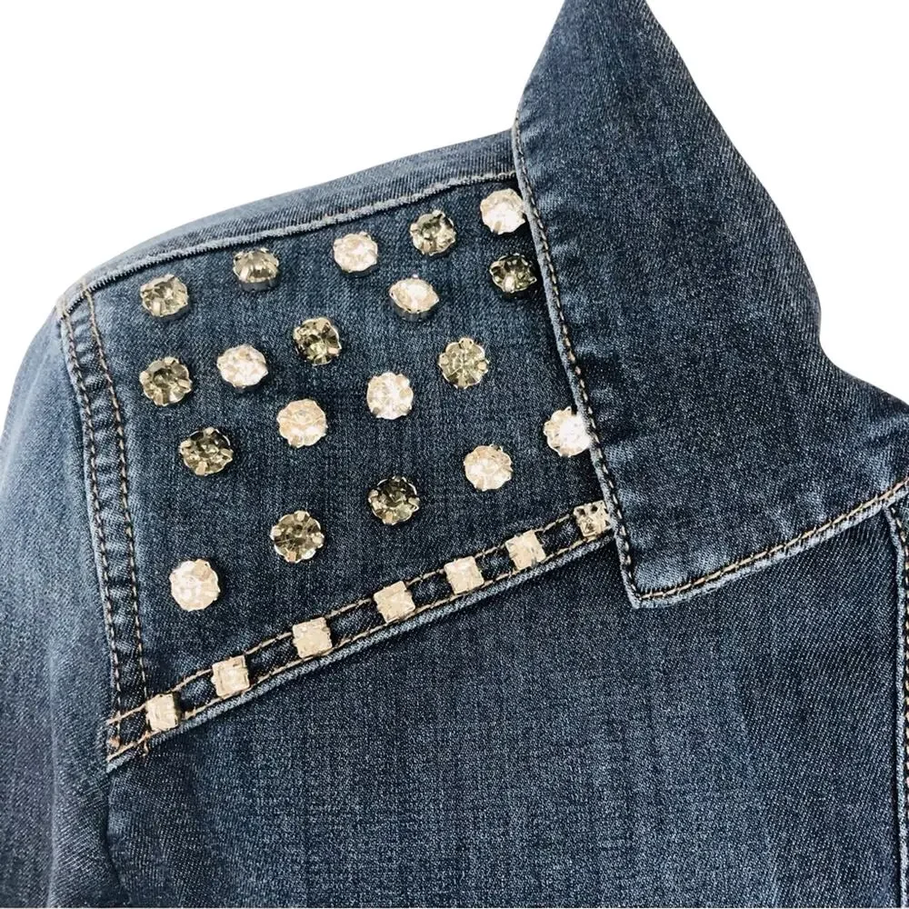 Chicos Size 0 Denim Snap Front Tunic Top Long Sleeve Western Style Bling Yoke